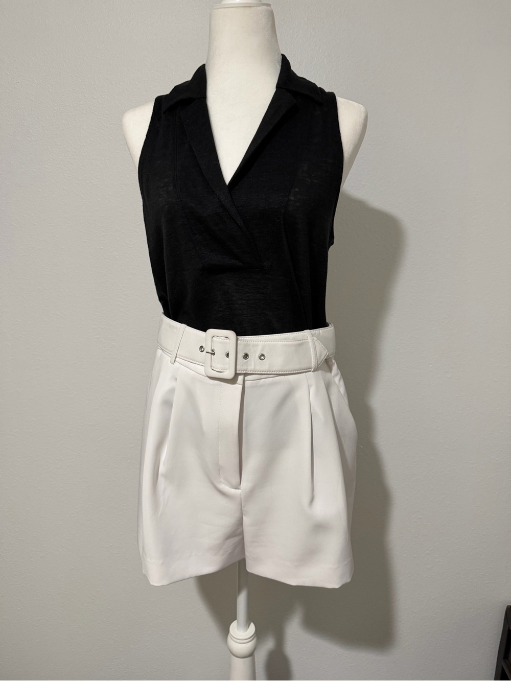 White High-Waist Pleated Belted Shorts with Linen Black Collard Top